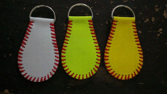 2017softballsunny Embroidered Yellow Leather Softball Key Chain With White Real Leather Baseball Keychain