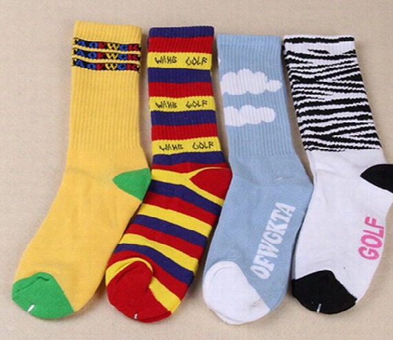 Wholesale-new Free Shipping Ofwgkta Cotton Thick Terry Golf Wang Socks For Men And Women Rainbow Stripes Zebra And White Clouds Socks 015w