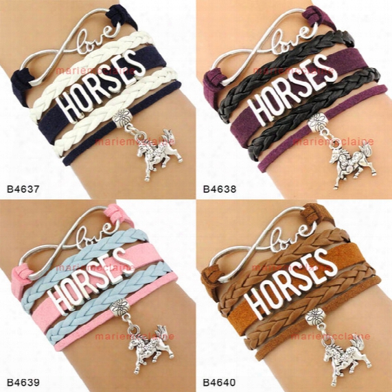 (10 Pieces/lot) Infinity Love Horses Horse Lover Mustang Charm Bracelet Navy Brown Leather Cuff Wrist Band Best Gift Jewelry