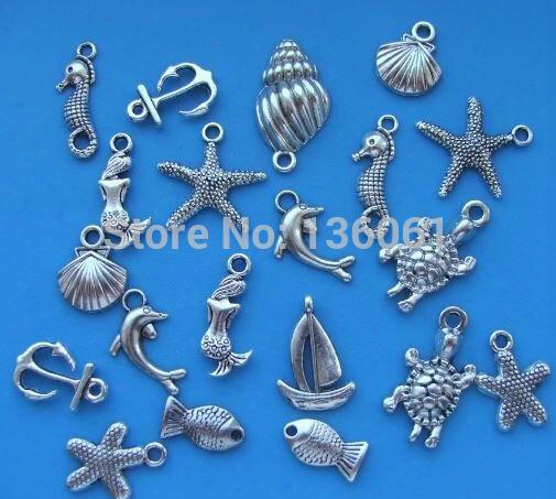 100pcs Vintage Silver Mixed Sea Seahorse Shell Fish Anchor Charms Pendants Fit Bracelets Fashion Jewelry Findings Making Craft Diy Gift X280