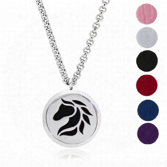 1pc 30mm Stainless Steel Aromatherapy Fillligree Locket Essential Oil Diffuser Locket Necklace With 6 Different Refill Pads Horse