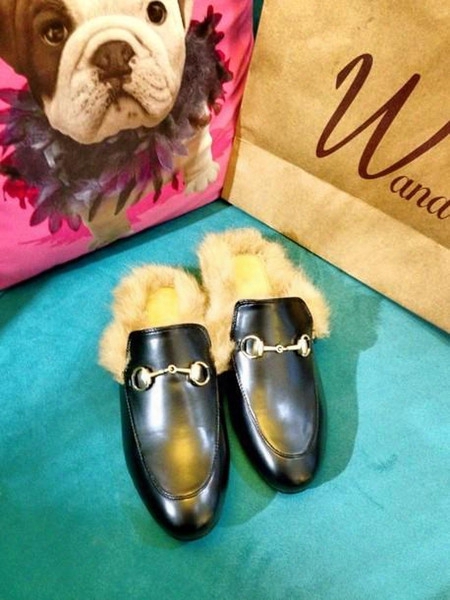 2015 Fashion Week Choices! B065 40 Black Genuine Leather Fur Horsebit Flats Slide Shoes