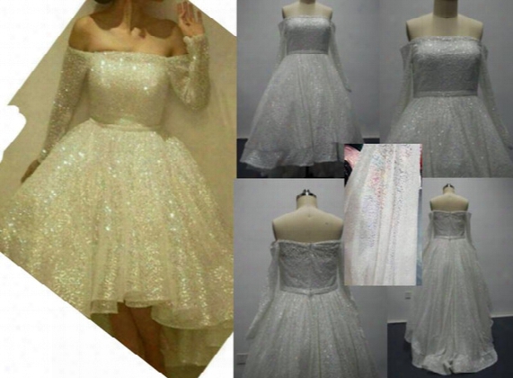 2017 Ivory Sequined Prom Dresses Ball Gown Blingbling Bateau Neckline With Long Sleeves Hi Lo Mid East Cocktail Go Wns