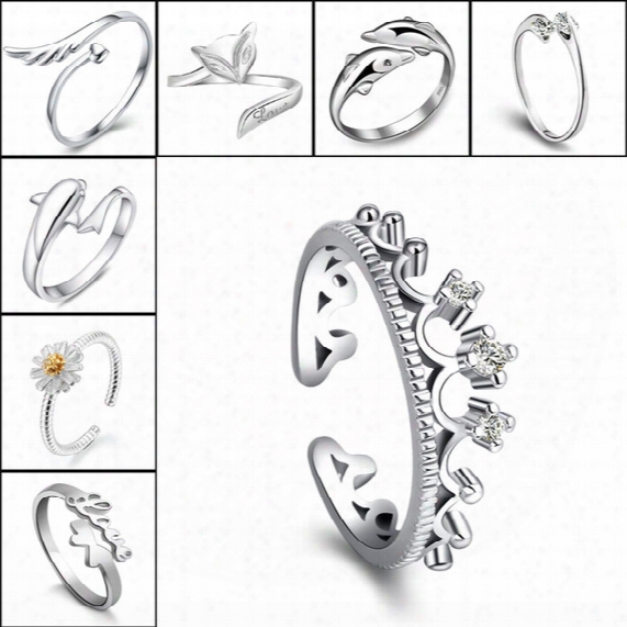925 Silver Rings Crown Dolphins Dragonfly Horse Wing Fox Heart Forever Love Adjustable Finger Ring Nail Rings Women Wedding Jewelry 080158