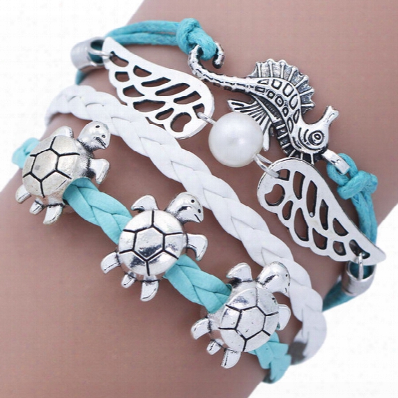 Antique Silver Cute Turtle Sea Horse Wings Beaded Charm Bracelet Bangle For Women Resizable Fashion Bracelets