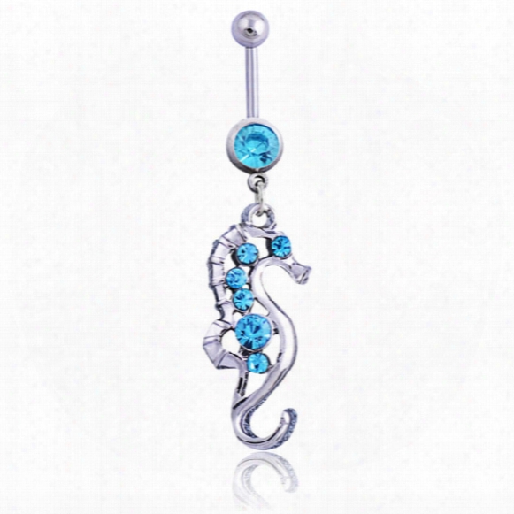 Drop Shipping Hot Sale Seahorse Style Blue Rhinestone Navel Belly Button Ring Body Piercing Jewelry