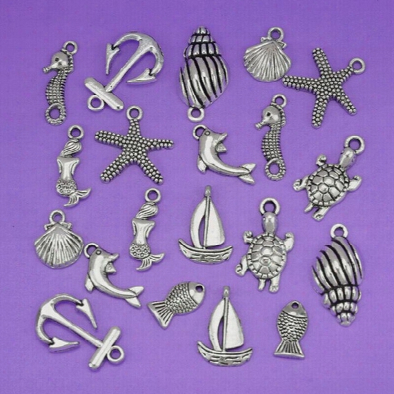 New Fashion Jewelry 100 Pcs Charm Tibetan Silver Mixed Sea Pendant Charms Seahorse Shell Fish Anchor Beach Jewelry Fitting S3899