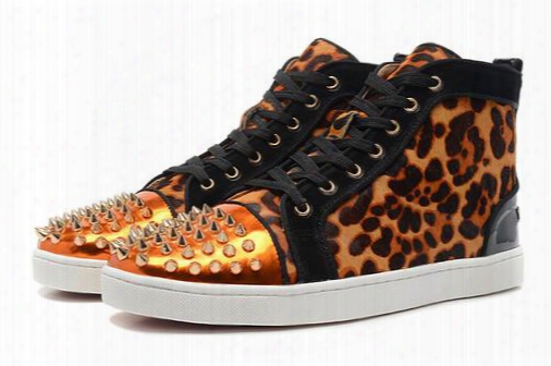 New Mens Womens Leopard Real Horsehair High Top Sneakers,brand Design Spikes Toe Casual Shoes 35-47 Drop Shipping