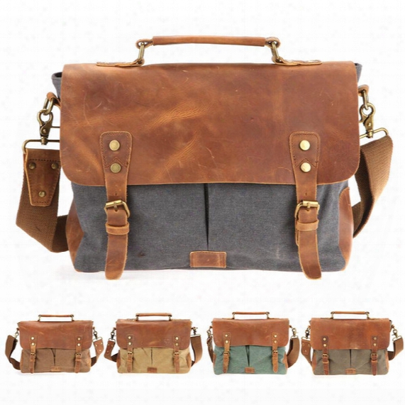 Ship From Usa! Men&#039;s Vintage Canvas Crazy Cavalry Leather Shoulder Bags Messenger Bag Tote Briefcases Casual Bags Canvas Leather