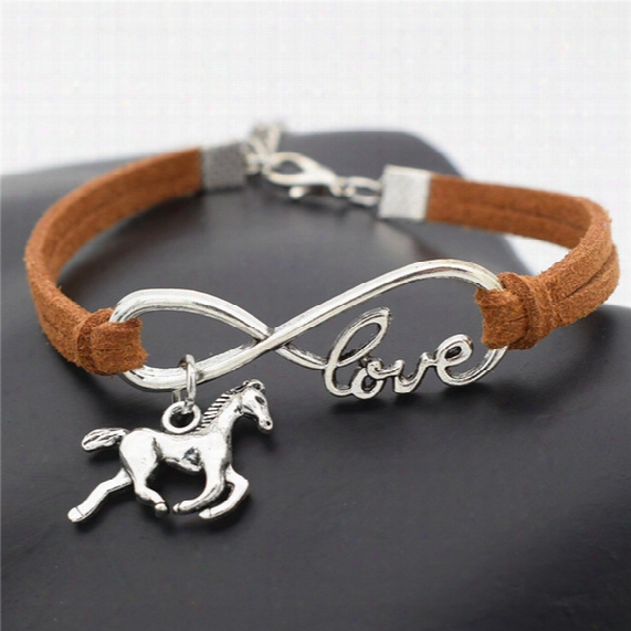 Wholesale- 2016 New Fashion Silver Love Horse Charm Infinity Bracelets Black Leather Cords Wrap Bangle For Women Jewelry Gift For Christm