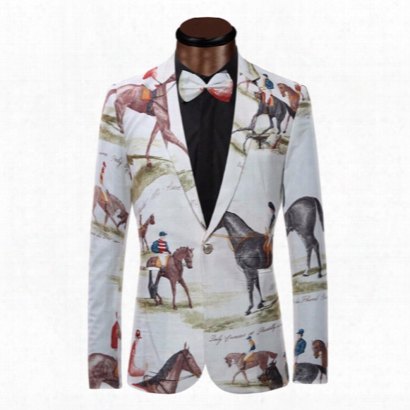 Wholesale- Brand New Blazer Men Riding Horse Print Suit Jacket Slim Fit Casual Stage Wear Fashion Mens Blazers Plus Size Xs-6xl