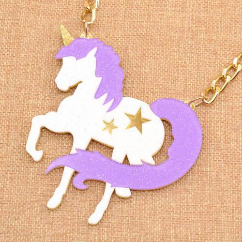 Wholesale-fashion Glitter Acrylic Unicorn Purple Statement Exaggerated Pendant Necklace Cute Horse Gift For Girl