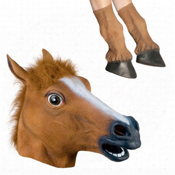 Wholesale-halloween Props Adult Horse Head Masks And Horse Hooves Gloves Animal Latex Masks Birthday Party Rubber Silicone Face Mask