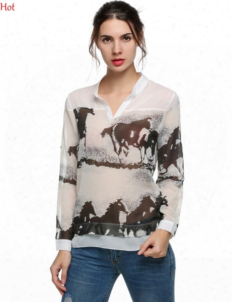 2017 Summer Style Sheer Blouses Women Fashion Spring Autumn Horse Print Chiffon Tops Shirt Vintage Loose Blusa Feminina Long Sleeve Sv002223