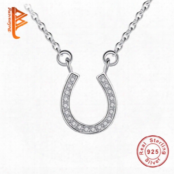 Belawang 100% 925 Sterling Silver Pendant Necklaces Cubic Zirconia Crystal Horseshoe Letter U Shaped Necklaces For Women Wedding Jewelry