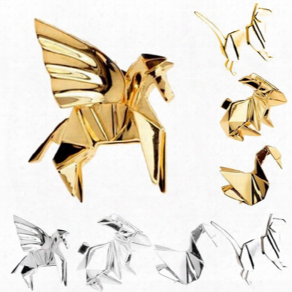 Fashion Gold Silver Geometry Origami Animal Brooches Metal Cat Rabbit Horse Bird 3d Pins Badge Corsage Jewelleey
