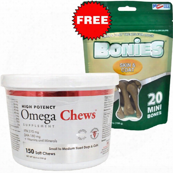Omega Chews For Small To Medium Sized Dogs & Cats (150 Soft Chews) + Free Bonies Skin & Coat Health Multi-pack Mini (20 Bones)