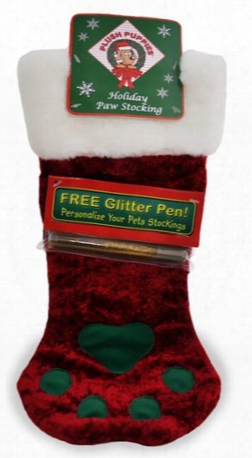 Plush Puppies Holiday Paw Stocking W/ Free Glitter Pen - Small Red