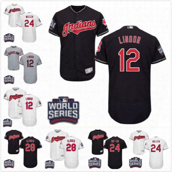 Cleveland Indians Jersey 2016 World Series Patch 12 Francisco Lindor 24 Andrew Miller 28 Corey Kluber Baseball Jerseys White Navy Blue Gray
