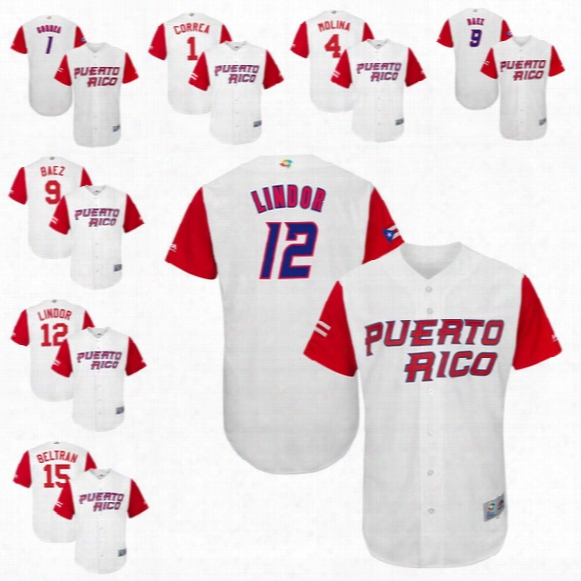 Men Puerto Rrico 2017 World Baseball Classic Jersey 1 Carlos Correa 4 Yadier Molina 9 Javier Baez 12 Francisco Lindor 15 Carlos Beltran