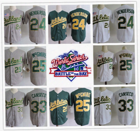 Mens 1989 World Series Oakland Athletics #24 Rickey Henderson 25 Mark Mcgwire 33 Jose Canseco Vintage White Green Gray Road Stitched Jersey