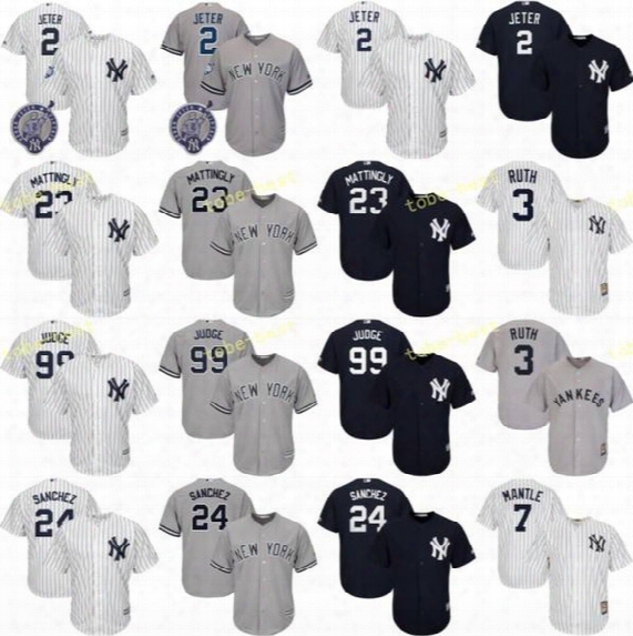 New York Yankees 99 Aaron Judge Baseball Jerseys Mlb 2 Derek Jeter 24 Gary Sanchez 23 Don Mattingly Ruth Retirement Patch White Blue Grey