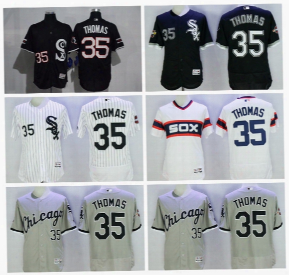 Chicago White Sox Baseball 35 Frank Thomas Jersey Flexbase Pullover Pinstripe White Grey Black With 75th 2005 World Series Patch