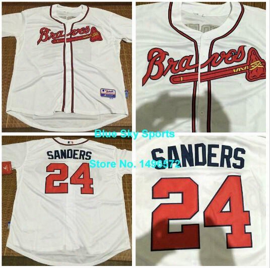 Factory Outlet Atlanta Braves 24deion Sanders White Blue Cream Red Cool Base Stitched Authentic Best Quality Baseball Jerseys Size S-xxxl