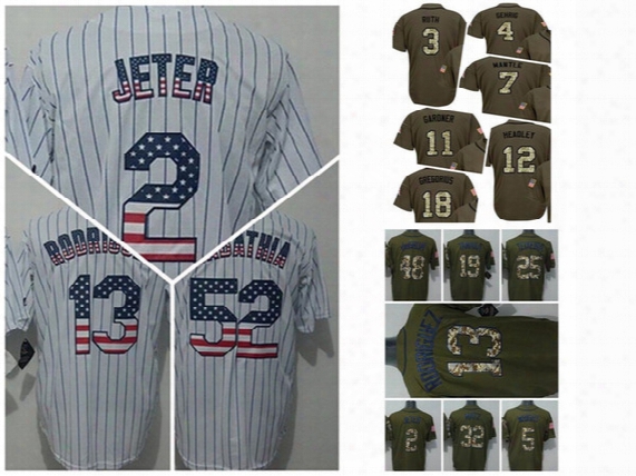 Hot! New York Ny Yankees #2 Derek Jeter White Flag Stitched Baseball Jerseys #3 Babe Ruth Army Green Stitched Baseball Camo Athletic Jerseys