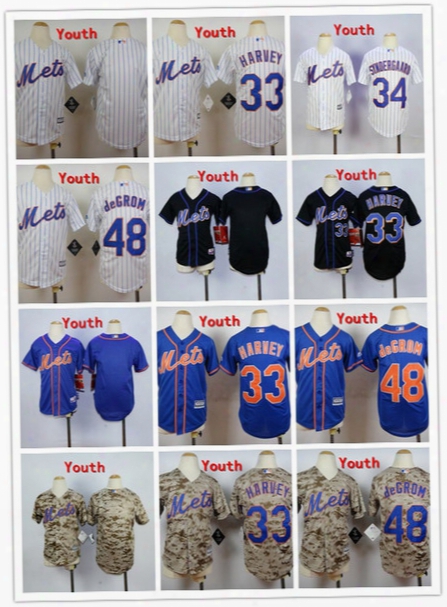 Kids Stitched Mlb New York Mets 33 Harvey/48 Degrom/5 Wright/blank White Blue Gray Camo Baseball Jerseys