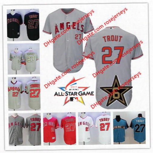 Los Angeles Angels Of Anaheim 2017 All-star Game Worn Jersey #27 Mike Trout Gray Road White Red Camo Black Blue Stitched Baseball Jerseys