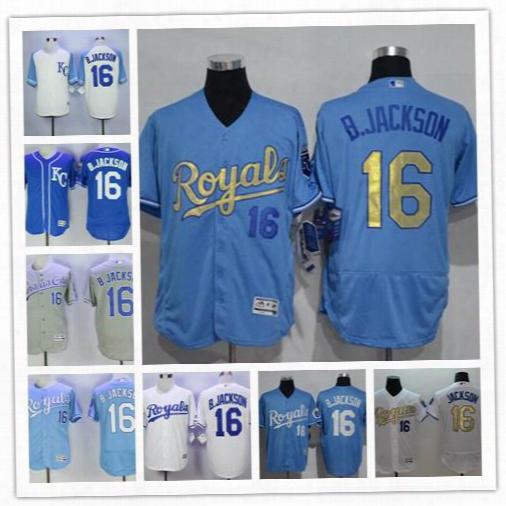 2016 Flexbase Official Cool Base Stitched 16 Bo Jackson Authentic Jersey Kansas City Royals Pale Blue Gray Gold Baseball Jerseys