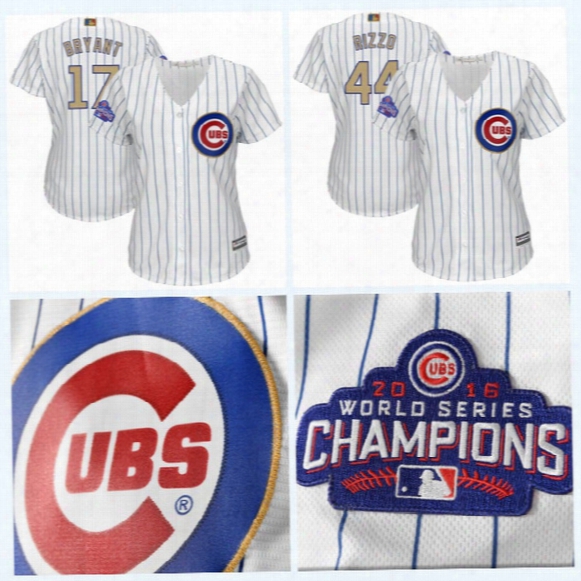 Lady Jersey 17 Kris Bryant 44 Anthony Rizzo 2017 Gold Program World Series Patch Champions Patch Chicago Cubs Baseball Jerseys