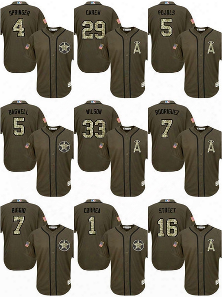 Mlb Olive Green Salute To Service Angels Of Anaheim #5 Albert Pujols #7 Ivan Rodriguez 16 Huston #28 Andrew Heaney Stitched Baseball Jersey