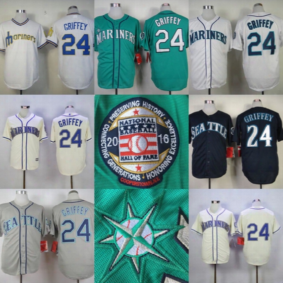 Seattle Mariners 24 Ken Griffey Jr 2016 Hall Of Fame Induction Cool Base Jersey With Sleeve Patch Men&#039;s Stitched Embroidery Logos Jersey