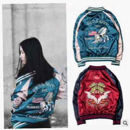 Spring Men Women Embroidery Bomber Jacket Baseball Jackets Two Side Wear Vintage Yokosuka Flight Jacket Kanye West Jacket Air Force One
