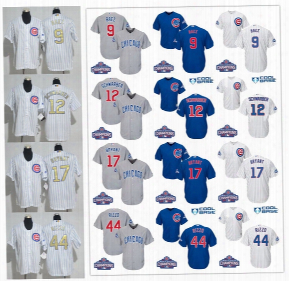 Stitched Youth Chicago Cubs Gold Champions 44 Anthony Rizzo 9 Javier Baez 12 Kyle Schwarber 17 Kris Bryant White World Series Kids Jerseys