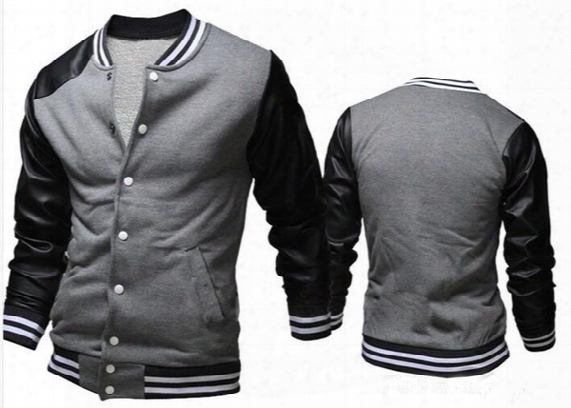 2015 New Fashion Outerwear Leather Sleeve Splicing Men&#039;s Baseball Jacket Coat