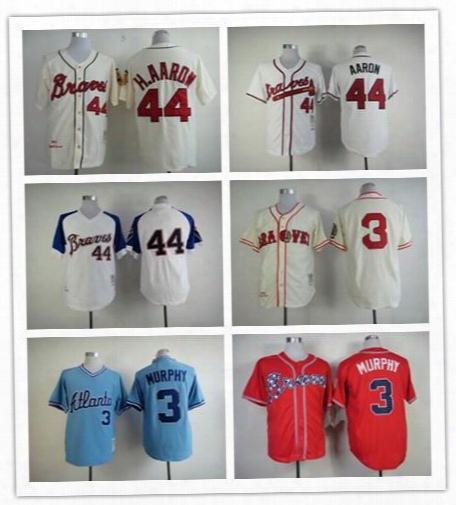 2015 New Hot Selling Men&#039;s Baseball Hank Aaron Jersey 44 Atlanta Braves Jersey Shirt Throwback 3  Dale Murphy Blue Beige White Top Quali
