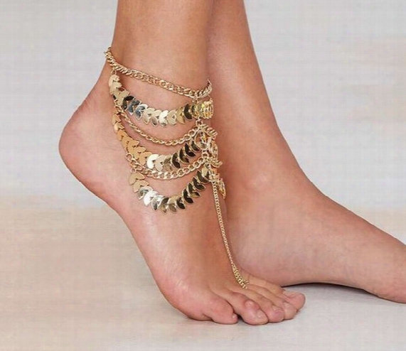 2016 Fashion Sexy Woman Boho Leaf Multi Row Gold Disc Coin Ankle Chain Anklet Bracelet Foot Jewelry Barefoot Sandals
