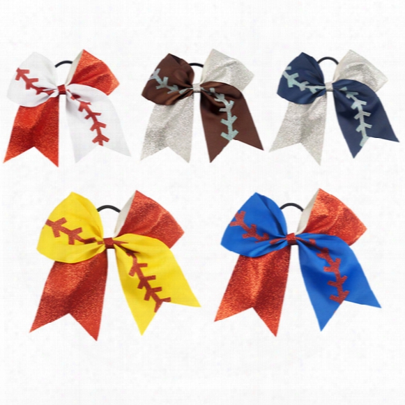 7&quot; Large Softball Team Baseball Cheer Bows Handmade Glitter Ribbon And Red Stiches With Ponytail Holders For Cheerleading Girls