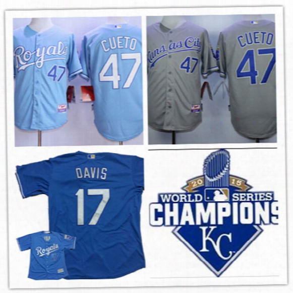 Mens Kansas City Royals Wade Davis Cool Base Baseball Jerseys Stiched #47 Johnny Cueto Royals 2015 World Series Champions Jersey M-3xl