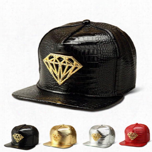 2016 Vogue Pu Leather Crocodile Hip Hop Hats Gold Rhinestone Diamond Logo Snapback Men Women Gorras Hiking Baseball Caps