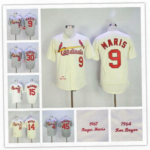 Mlb Men&#039;s St. Louis Cardinals 45 Gibson 14 Boyer 30 Orlando Cepeda 9 Roger Maris 1967 Mitchell & Ness Cream Authentic Throwback Jersey