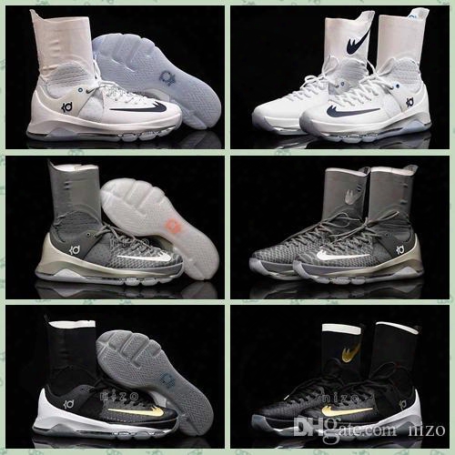 2016 New Kd 8 Elite White Black Gold Wolf Grey Mens Basketball Shoes Sneakers High Top Kevin Durant 8 Sports Shoes Size Us7-12