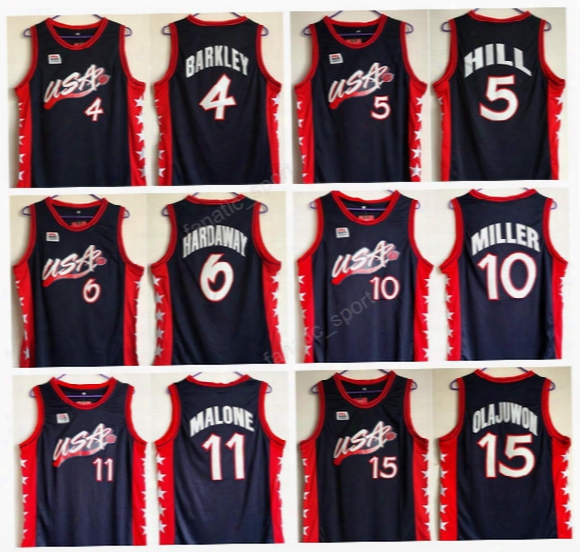 1996 Usa Dream Basketball Jerseys Three 4 Charles Barkley 15 Hakeem Olajuwon 6 Penny Hardaway 11 Karl Malone 10 Reggie Miller 5 Grant Hill