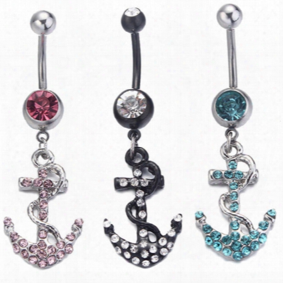 6pcs/lot 2016 Hot Clear Surgica Lbody Piercing Jewelry Steel Anchor Navel Belly Button Bar Ring Rhinestone Belly Ring