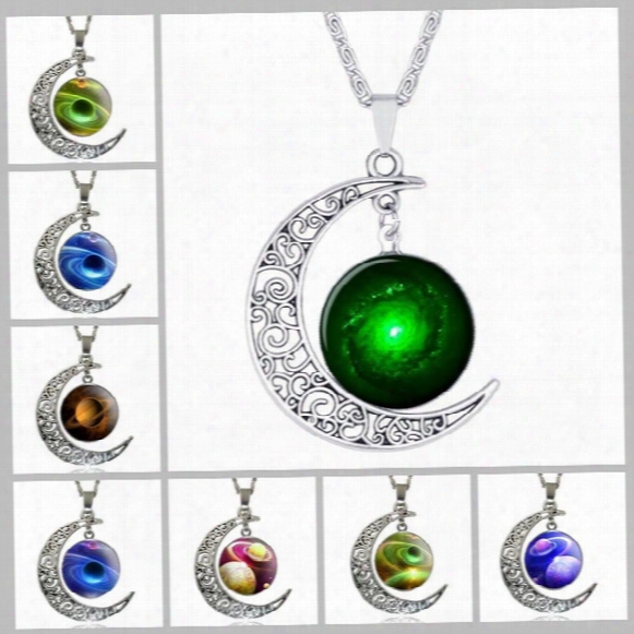 Charms Necklaces For Women Fine Jewelry Glassgalaxy Love Pendant Summer Beach Statement Silver Long Chain Alloy Hollow Moon Pendant Necklace