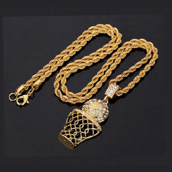 Fashion Hip Hop Iced Out 14k Gold Plated Mini Basketball Rim Pendant Necklace Long Chain Necklaces Mens Jewelry Gold Silver 2 Colors