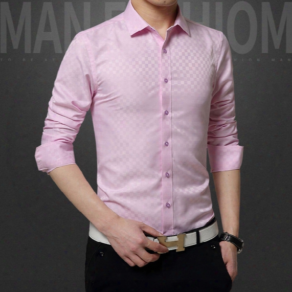 In The Spring Of 2017 Business Men Square Lattice Jacquard Collar Korean Slim Tooling Long Sleeved Shirt
